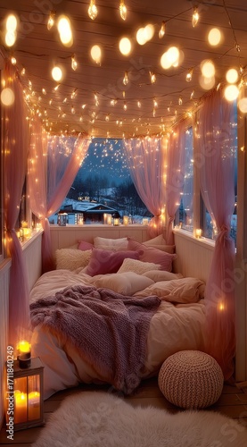 Cozy, lit bedroom nook with soft pink accents
