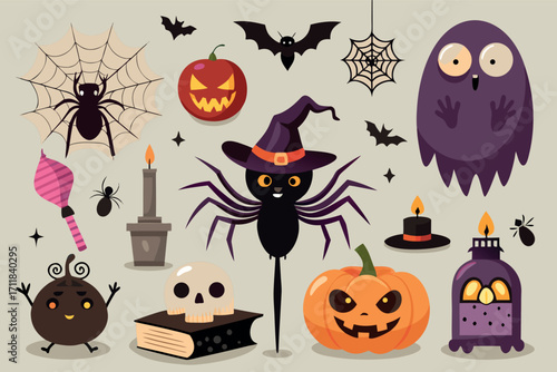 Spooky halloween vector elements set black spider web pumpkin ghost bat witch hat icons