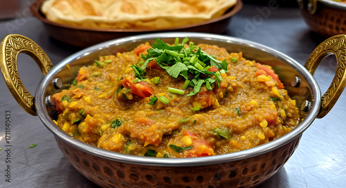 Baingan Bharta, India. mashed roasted eggplant curry with tomatoes, onions, and spices, in a gleaming copper karahi bowl, garnished with fresh cilantro 