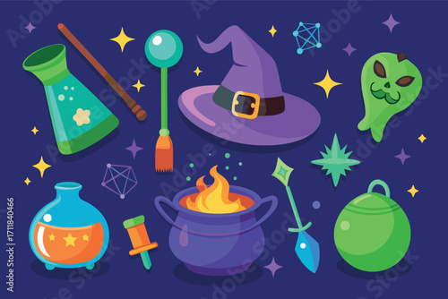 Magical witchcraft vector elements set featuring cauldron potion hat spells and wand
