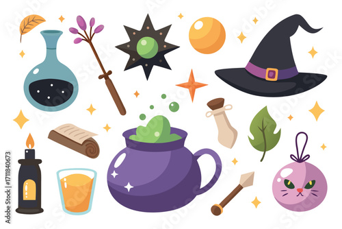 Vector set of witchy elements pointy hat potion bottle broom and cauldron for magic