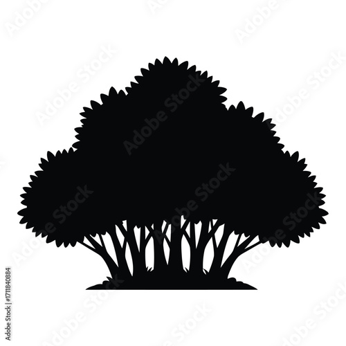 Silhouette of a lush bushy tree with detailed branches and foliage silhouette