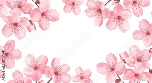 Watercolor Pink Cherry Blossom Flowers on White Background.