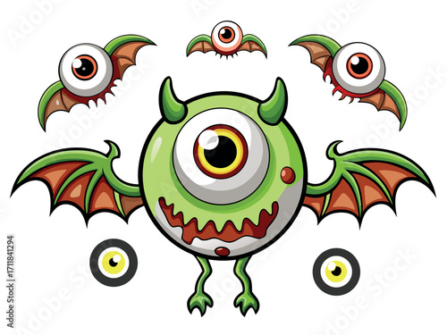 Creepy eyeball creatures flying monster illustration vector scalable eps icon set
