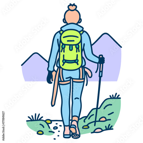 Modern Line Art Hiker with Backpack Climbing Mountain Adventure Illustration