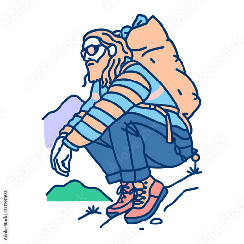 Modern Line Art Long Hair Man Squatting with Backpack Illustration