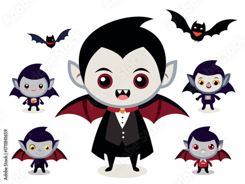 Cute cartoon vampire vector pack 8 scary characters adorable halloween bat illustration