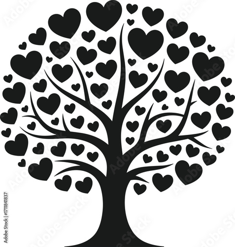 Love tree silhouette with heart leaves, romantic vector illustration, family tree concept art, black and white love design, wedding or Valentine printable decor
