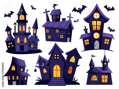 Vector illustration pack of 8 spooky haunted houses for halloween design and graphics