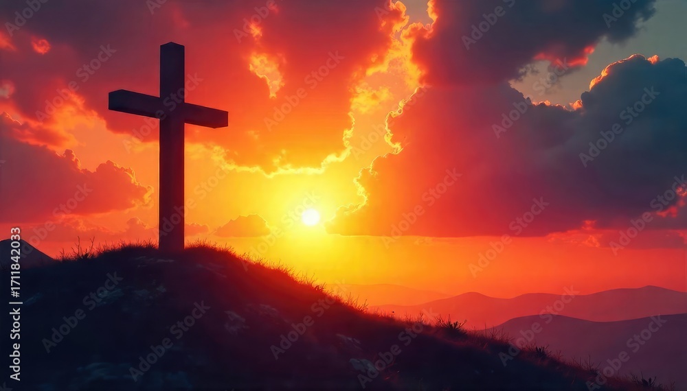 Obraz premium A symbolic depiction of Christian salvation; a cross silhouetted against a vibrant sunrise, representing hope, redemption, and new beginnings , blessing, gospel