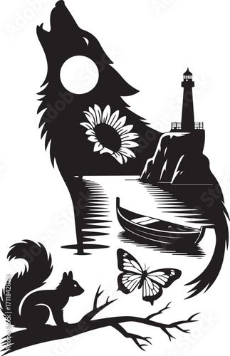 Stunning wolf design featuring nautical lighthouse scene