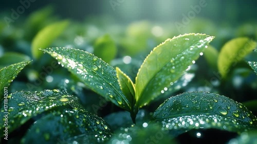Leafs and Dew: The macro view shows fresh green tea leaves are covered with dews with soft light in nature. A tranquil scene, this photo is a celebration of nature's artistry and tranquility.