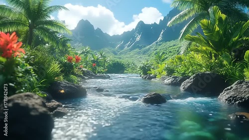 Serene River Flowing Through Lush Tropical Paradise