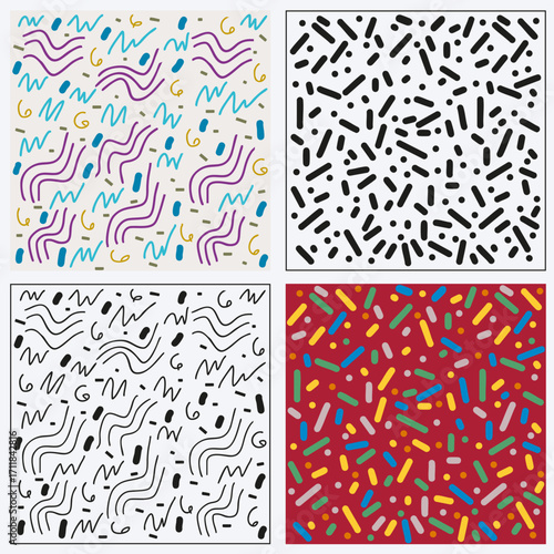 Ensemble de 4 Motifs Abstraits colorés et noir et blanc, gribouillis et formes géométriques, Illustration Vecteur Memphis
