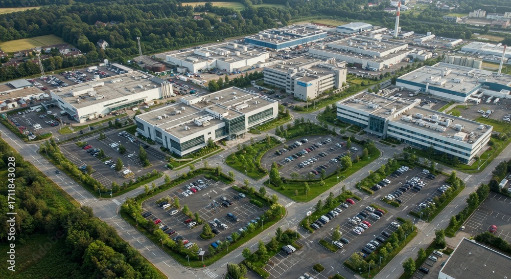 Fototapeta premium Elevated perspective of industrial park showcasing contemporary architecture and greenery