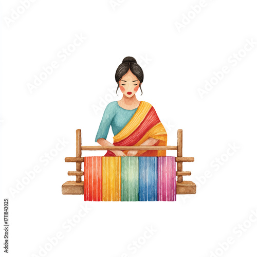 Woman weaving colorful fabric on a traditional loom 1.