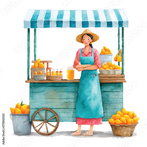 Woman selling fresh oranges at a fruit stand smiling.