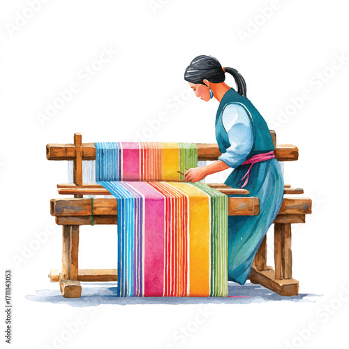 Woman weaving colorful fabric on a traditional loom 2.