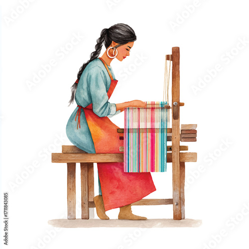 Woman Weaving Colorful Textile on Traditional Loom.