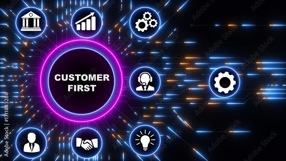 Customer First business concept.Circuit board with Technology ...