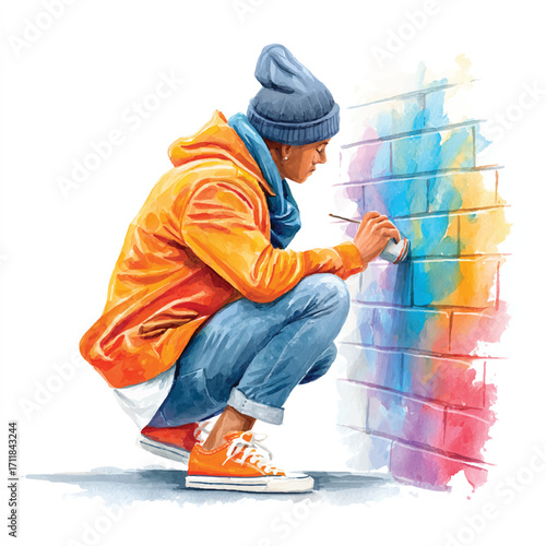 Young artist painting a colorful mural on a brick wall.