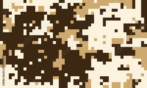 Abstract pixelated camouflage pattern in beige and brown tones.  Ideal for backgrounds, textures, or fashion designs, this image evokes a sense of mystery and concealment.