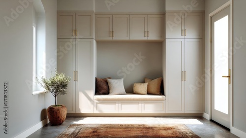 Modern and spacious living room with a built-in bench in the center. the bench is made of white wood and has several throw pillows on it.