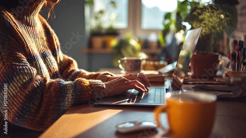 Remote work setup at a home office with a laptop