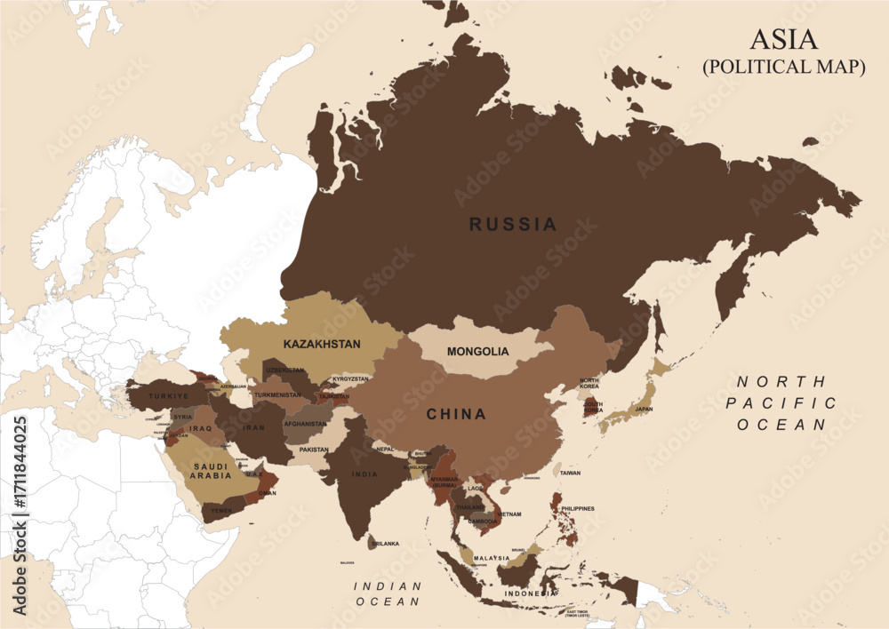 Fototapeta premium Asia Political Map Vector in Brown Color with Geographic Borders