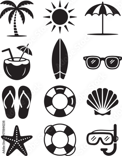 Summer beach icons ready for a sunny vacation day