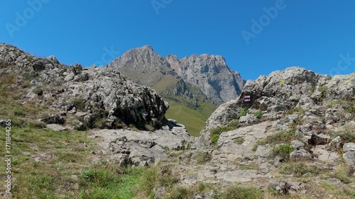 Aerial view  Mount Khustup in Syunik province, Armenia, Caucasus. Rocky trails in scenic mountain landscape under a clear blue sky. Khustup (3106) is one of the most beautiful observation mountains .