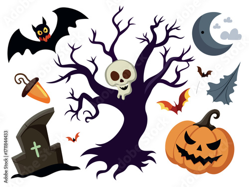 Spooky halloween vector pack flying vampire bat skull tree pumpkin moon witch hat icon