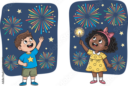 Happy children celebrating festive night with colorful fireworks, holding sparklers, joyful kids illustration, holiday celebration, cartoon vector design, party background.
