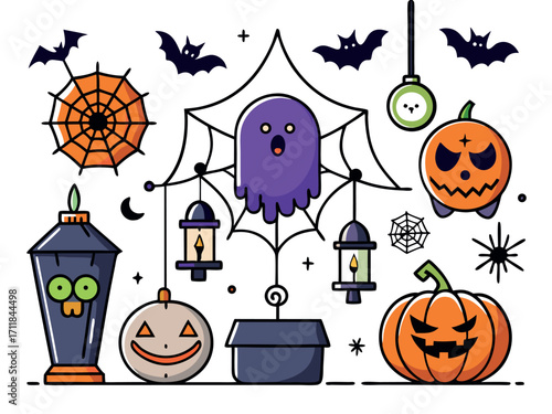 Spooky halloween vector set featuring pumpkins ghosts bats and chandeliers scalable eps