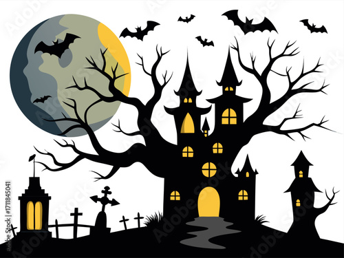 Spooky halloween castle vector illustration with full moon bats and graveyard scenery