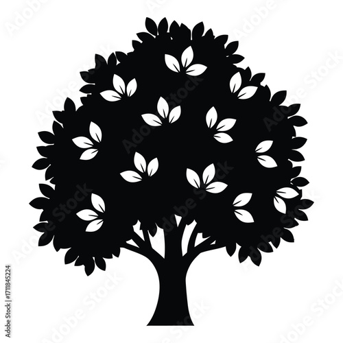 Silhouette of a lush deciduous tree with detailed foliage and strong trunk silhouette