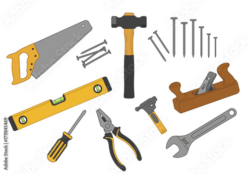 A collection of construction tools including saws hammers pliers and a level