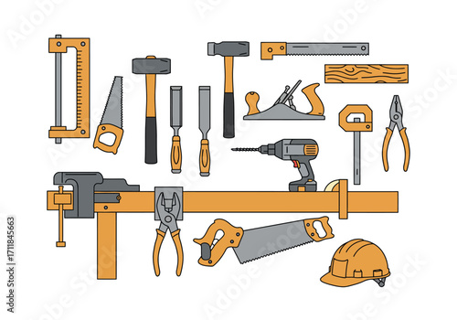 An illustration displays numerous carpentry tools arranged against a white backdrop