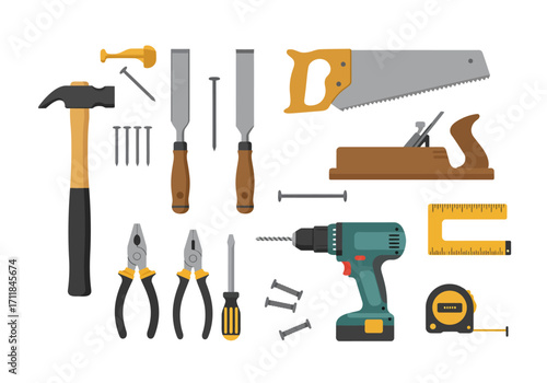 Assorted carpentry tools are displayed on a white background
