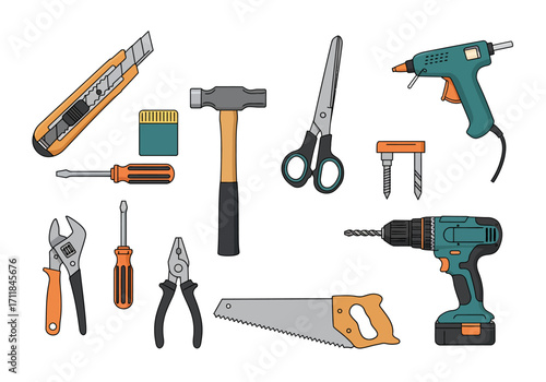 An assortment of tools is presented including a hammer drill saw screwdrivers pliers and more