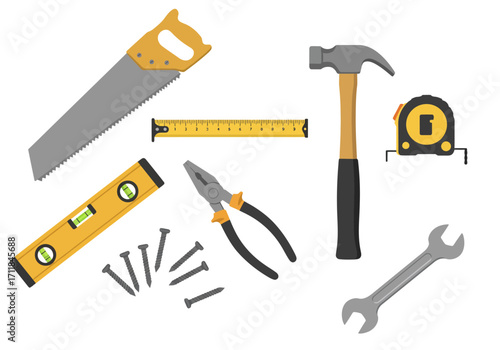 Assorted carpentry tools including a saw hammer level pliers and tape measure arranged on a white background