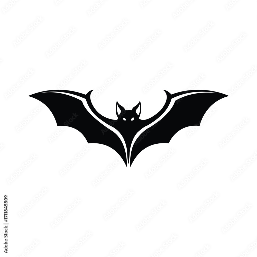 Fototapeta premium Black silhouette of a bat with outstretched wings on a white background Keywords: bat, silhouette, animal, flying, wings, outstretched, black, white, isolated, creature, nocturnal