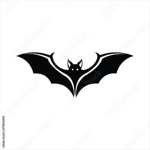Black silhouette of a bat with outstretched wings on a white background Keywords: bat, silhouette, animal, flying, wings, outstretched, black, white, isolated, creature, nocturnal