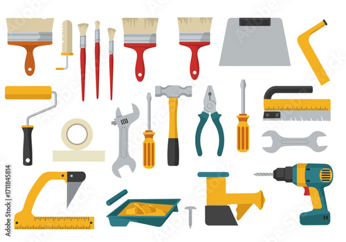 Assortment of painters and construction tools in varied colors and forms