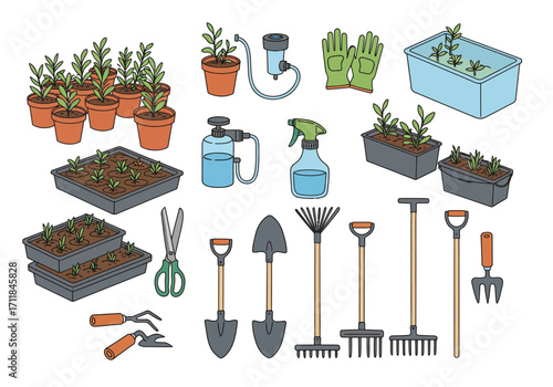 Assortment of gardening tools and seedlings in containers variety of equipment