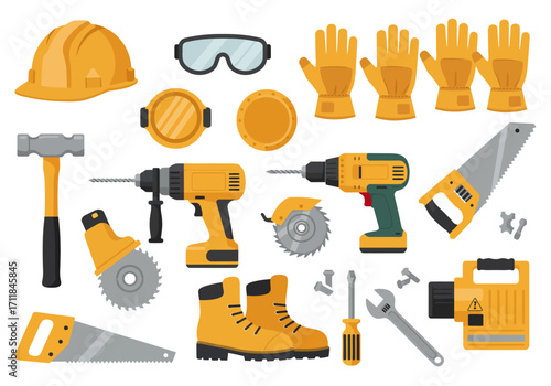 Construction tools and safety gear are neatly arranged on a white backdrop