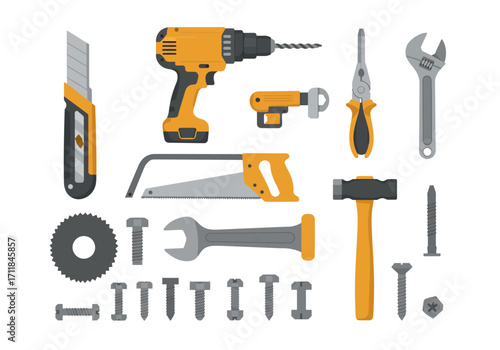 Construction tools arranged in a neat layout on a white background