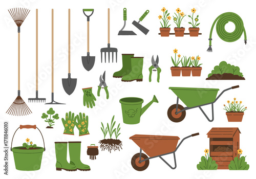 Garden tools equipment and plants