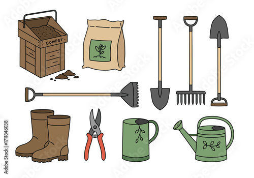 Garden tools including shovels rakes compost bin gardening boots watering cans and a bag of soil