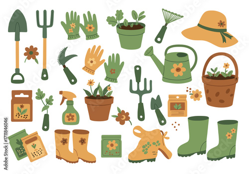 Garden tools pots  accessories including shovel rake gloves seeds boots spray bottle watering can hat basket  plants